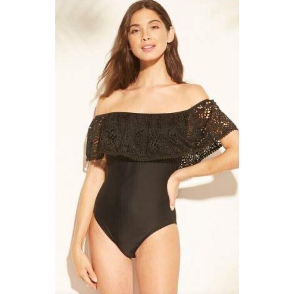 Shade & Shore Women's Crochet Off the Shoulder 1 Piece Swimsuit Size small black